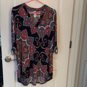 Women's Navy Blue, Pink, Multicolor Paisley Large V-Neck Tunic Top 2B Together